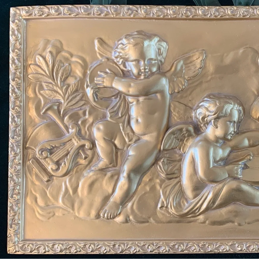 Vintage Gold Eros Musical Cherub Wall Hanging (Approx. 16" x 9") - Picture 3 of 9